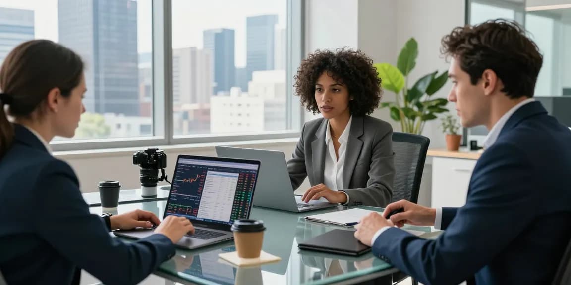 Group of professionals discussing link slot opportunities in modern office setting.