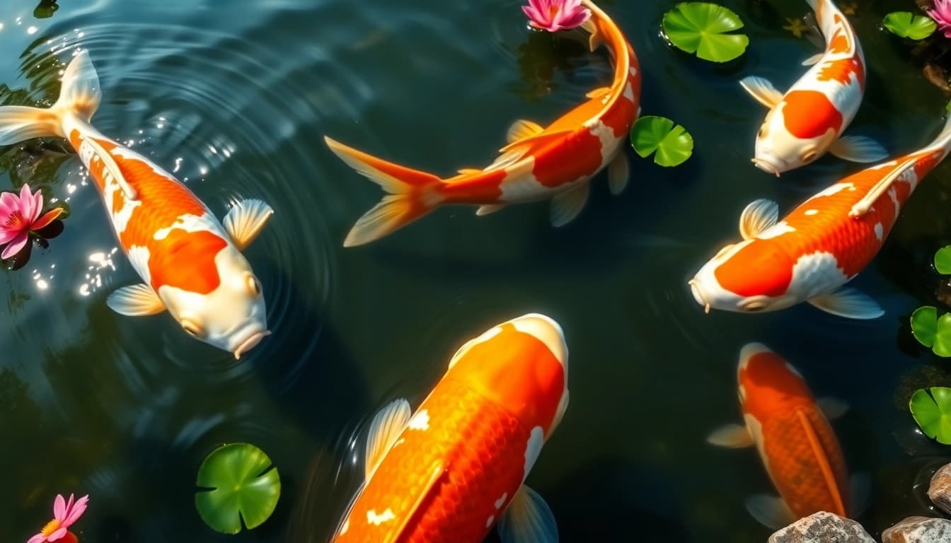Koi toto berenang di kolam indah dikelilingi tanaman air yang berwarna-warni.