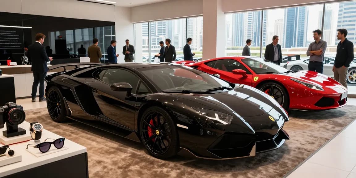 Menikmati pengalaman sewa mobil mewah LUXURY 777 di showroom Dubai.