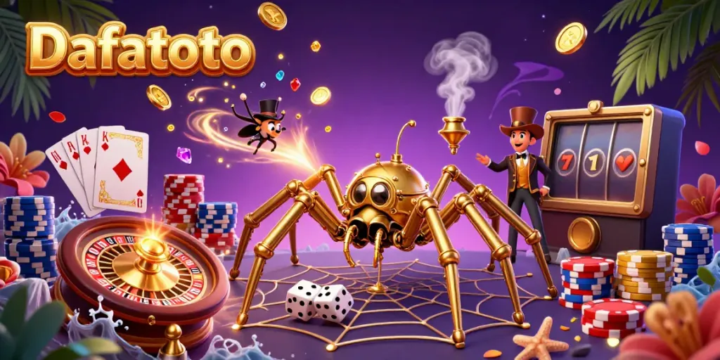 Dafatoto menghadirkan gambar ilustrasi permainan yang menampilkan aktivitas perjudian seperti mesin slot dan kartu poker.