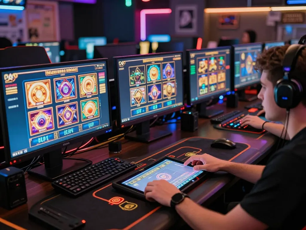 LGO SUPER player enjoying an online slot game on multiple screens in a vibrant gaming setup