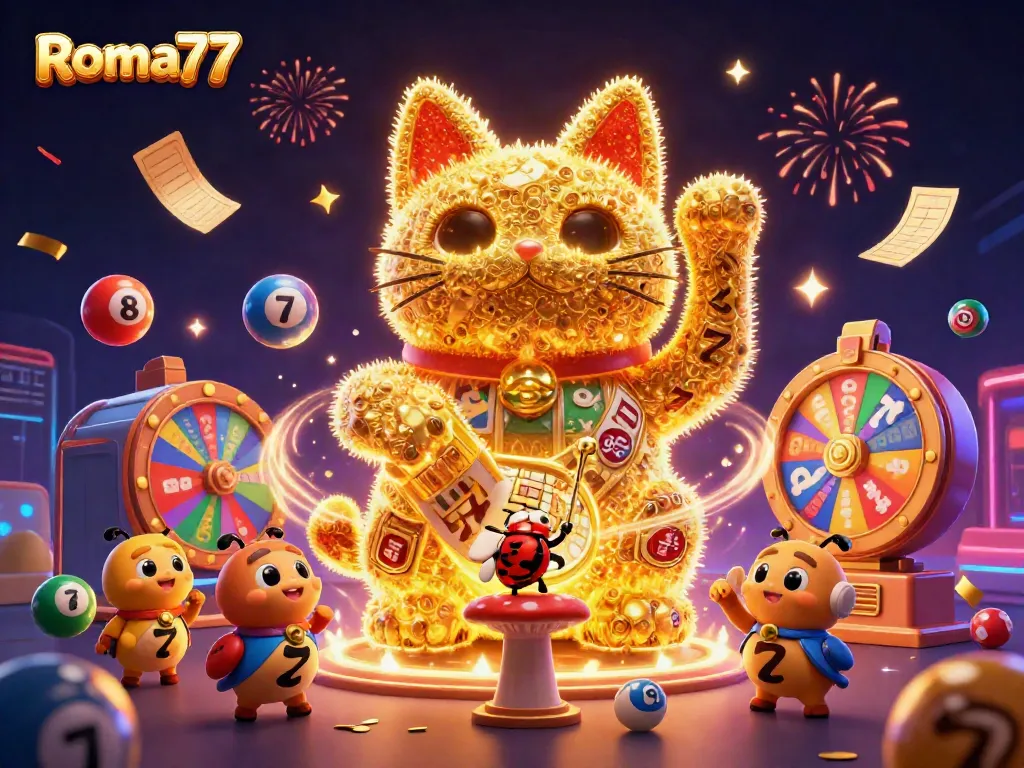 Engage with Roma77's electrifying luck through a vibrant casino-themed scene featuring a lucky cat and dynamic game symbols.