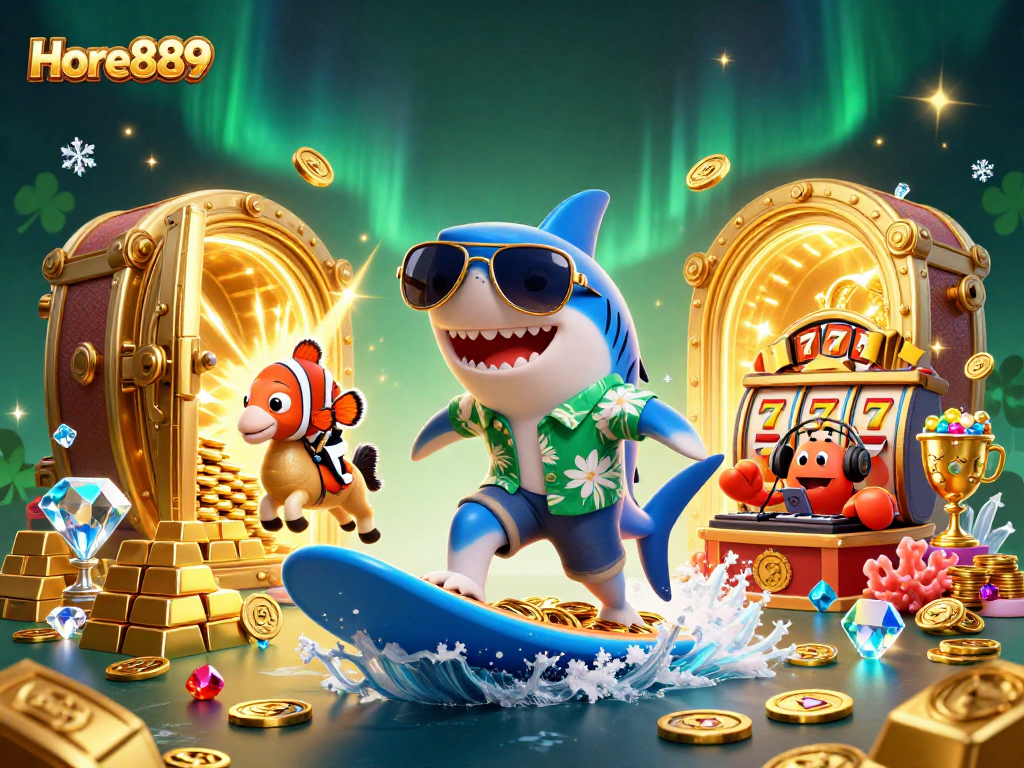 Surfing shark promotes Hore889 online casino with gold coins, slot reels, and vibrant underwater elements.