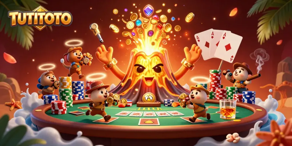 Experience the thrill of TUTITOTO with a triumphant volcano surrounded by treasure and poker elements.