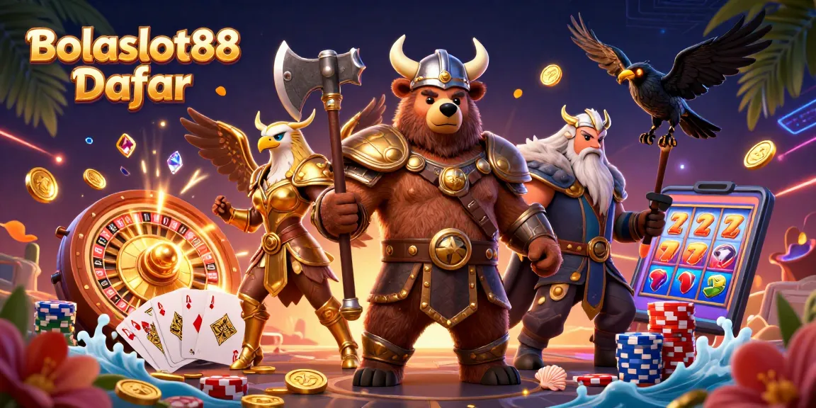 Bolaslot88 Daftar showcases an epic 3D cartoon scene with a berserker bear and Valkyrie eagle surrounded by casino thrills.