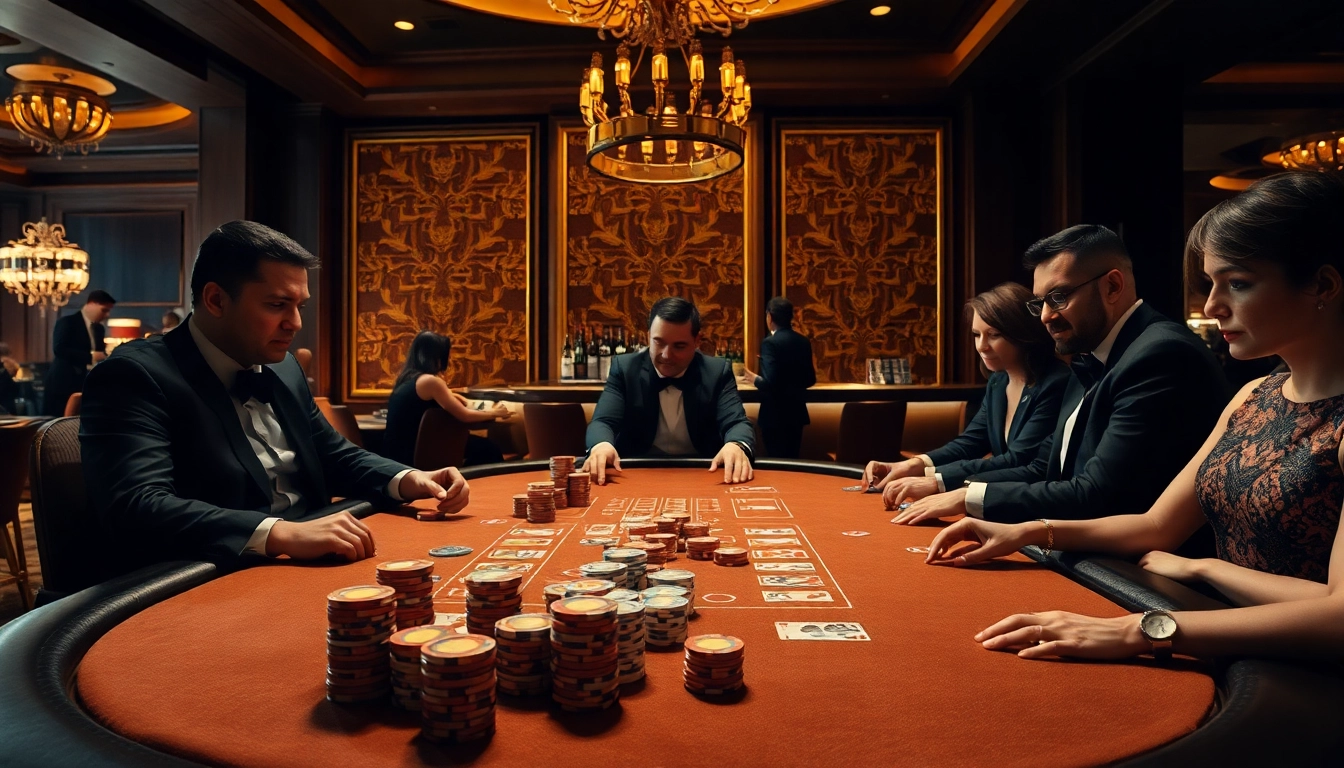 Mainkan buntogel di meja kasino mewah dengan pemain fokus dan suasana elegan.