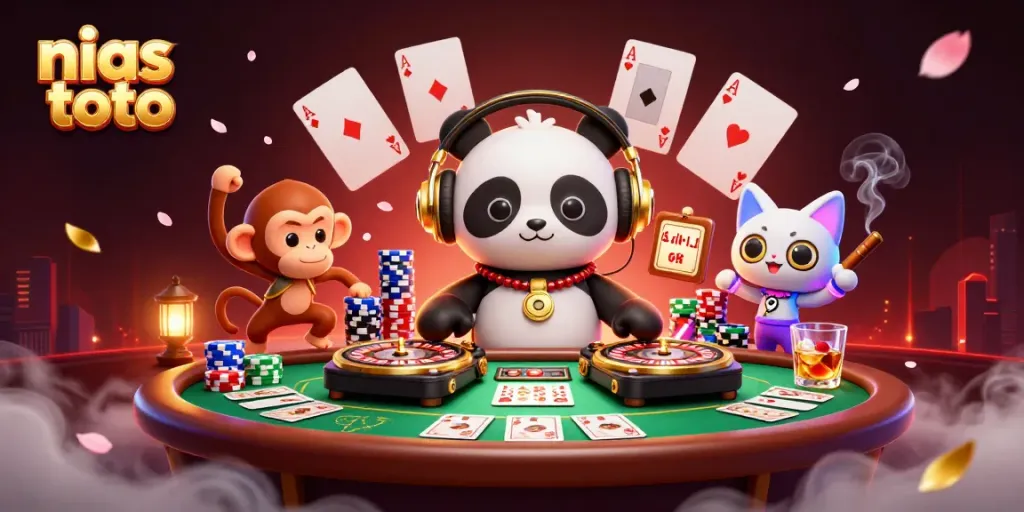 Gambarkan aksi seru di nias toto dengan DJ panda dan karakter menarik lainnya di kasino.