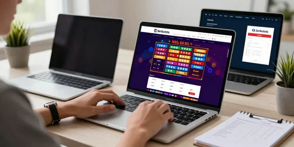 Engaging with Seributoto portal on a laptop featuring live results and registration options.