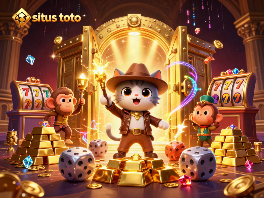 Ilustrasi kasino situs toto menunjukkan kucing arkeolog dan monyet menemukan artefak kasino emas.