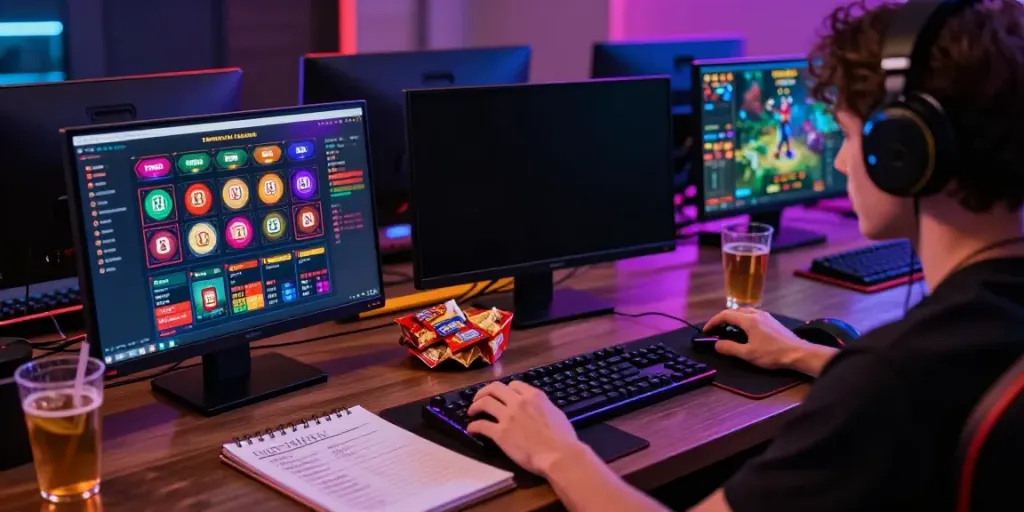 Seseorang bermain togel online dengan fokus di depan dua monitor yang menunjukkan antarmuka taruhan dan streaming langsung.