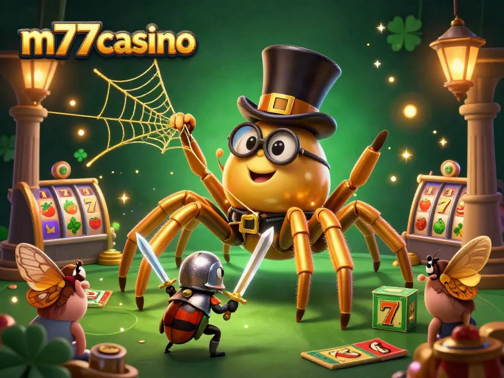 Ilustrasi m77casino dengan labah-labah emas dan ksatria kumbang di kasino.