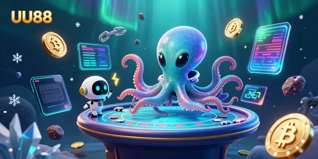 Experience thrilling gameplay with UU88’s vibrant alien casino scene, showcasing an octopus and robot.