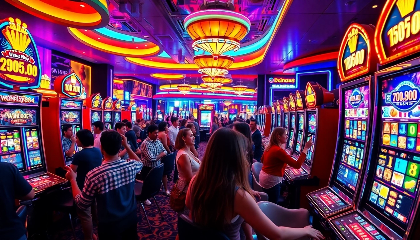 Vibrant casino scene featuring players enjoying wonplay894 slot machines with colorful lights.
