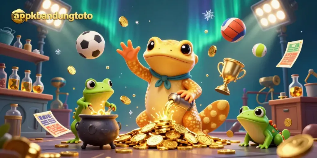 The vibrant scene captures apkbandungtoto's enchanting alchemist alongside a frog apprentice in a bustling medieval setting.