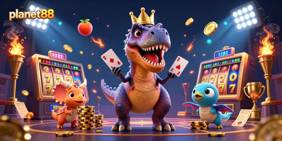 Experience thrilling gameplay at planet88 with a T-Rex shuffling cards and a triceratops stacking chips.