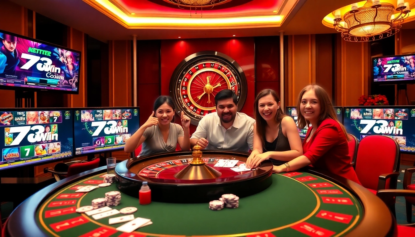 Exciting scene of players enjoying games at 78Win Com casino with vibrant table and roulette wheel.