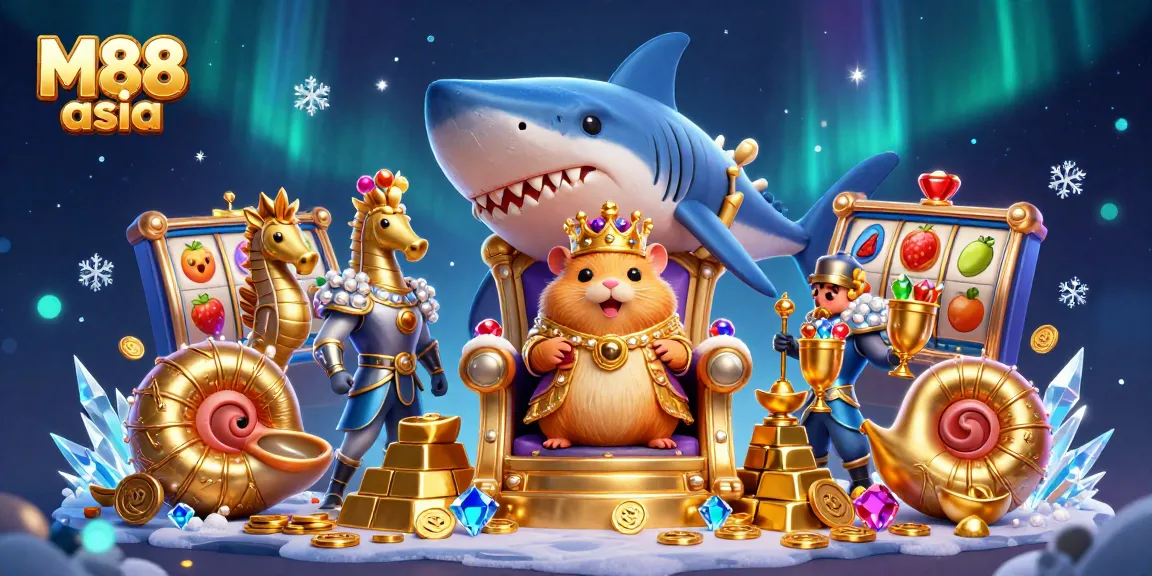 Join the excitement with M88 asia's colorful gaming scene featuring jewels, a hamster king, and slots.