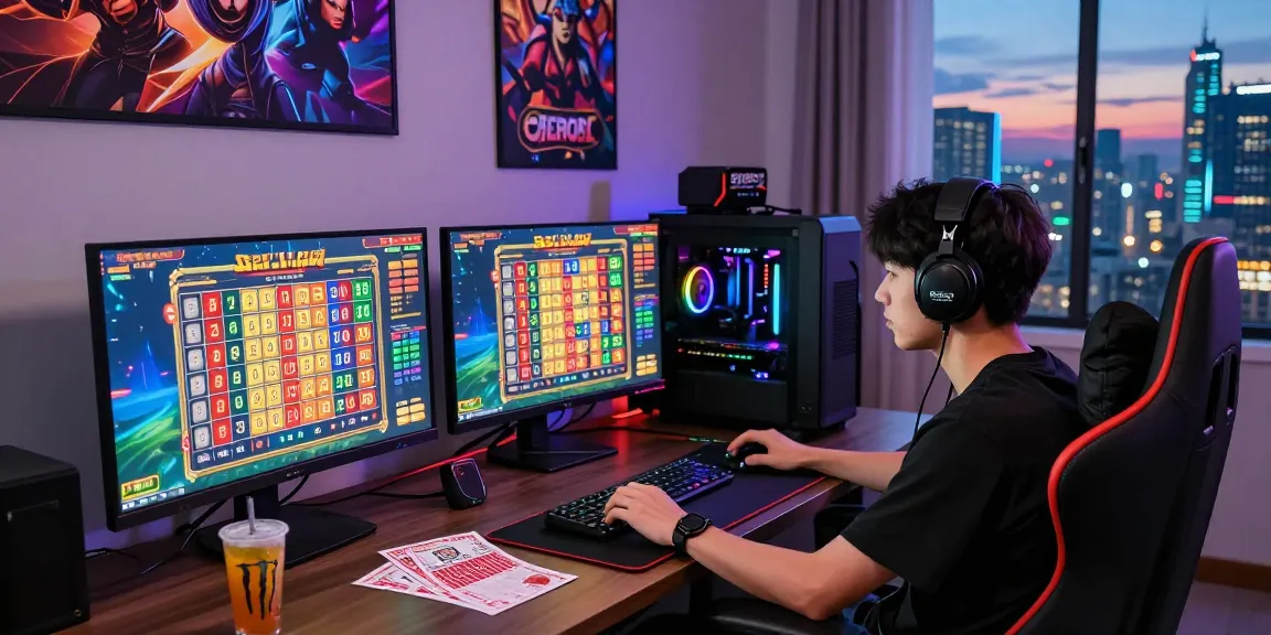 Permainan situs togel online dengan pemain menyaksikan angka dan tiket lotere yang tergeletak di meja.