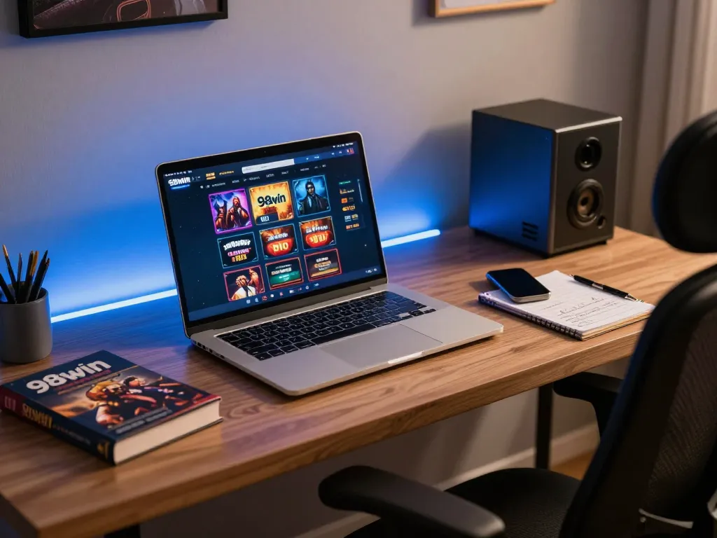 Player engaging with the 98win online casino interface on a sleek laptop in a modern home office.