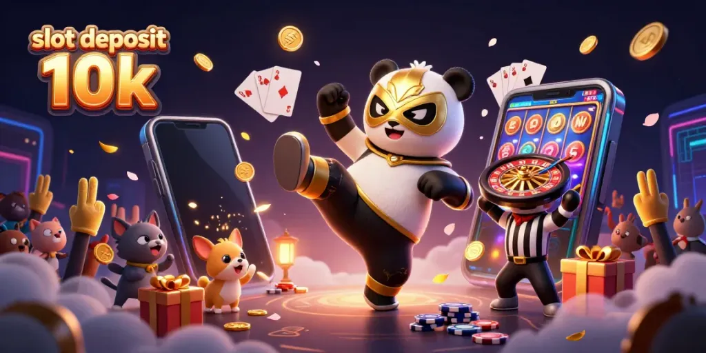 Sensasi slot deposit 10k dengan panda petarung dalam aksi, dikelilingi simbol permainan bergerak dan penonton hewan menggemparkan.
