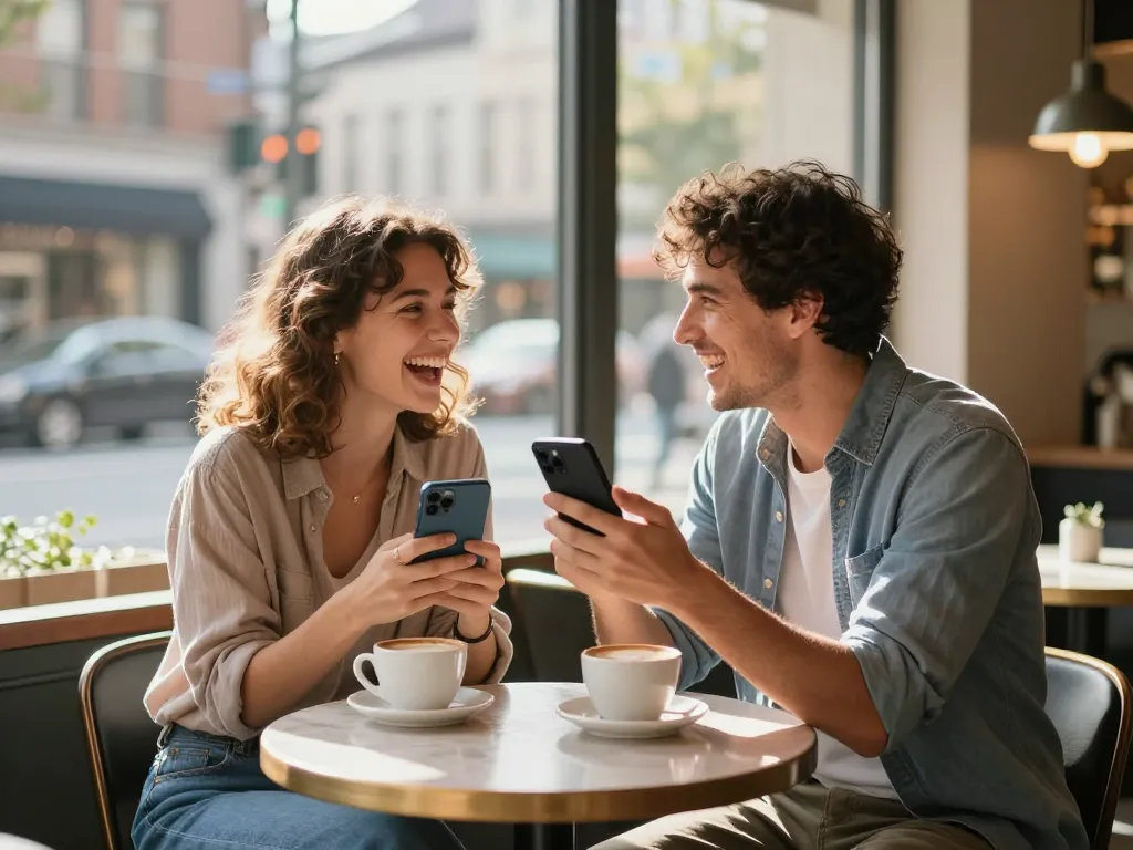 Couple enjoying AI sexting dialogue at a café, highlighting modern romance.