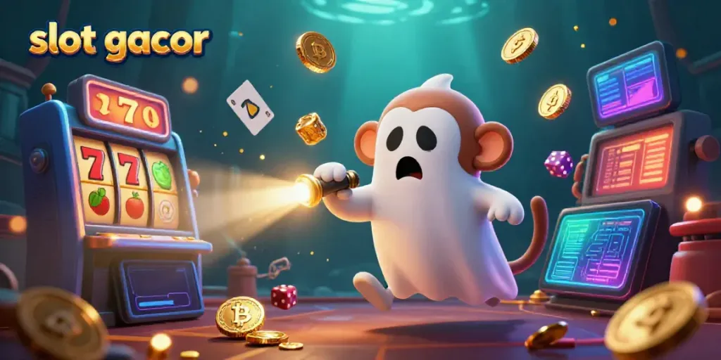 Gambarkan slot gacor dengan permainan slot di kasino bercermin, dikelilingi harta dan lampu mempesona.
