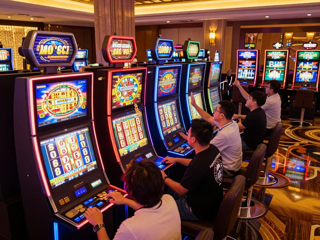 Players celebrating a jackpot at kerajaanslot in a vibrant casino environment.