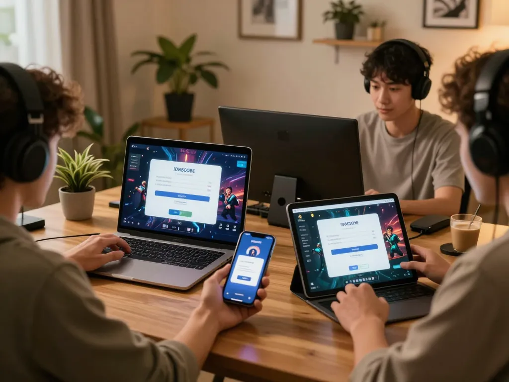 IDNSCORE LOGIN interface shown on multiple devices as players engage in an exciting online gaming session.