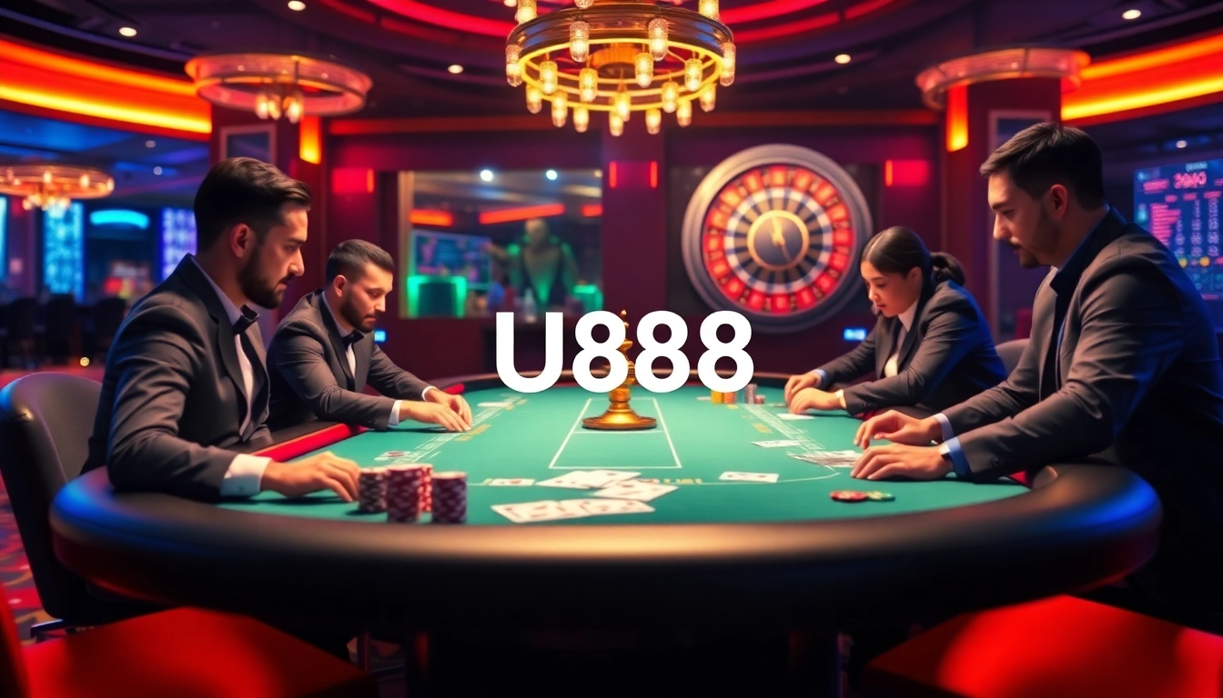 U888 players enjoying an exciting poker game with luxurious casino elements and vibrant lighting.