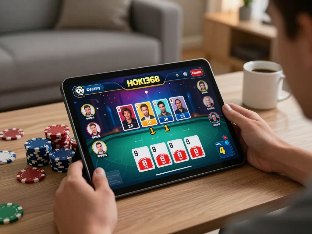 Tampilan permainan poker online HOKI368 yang menunjukkan antarmuka permainan dan suasana rumah yang nyaman.