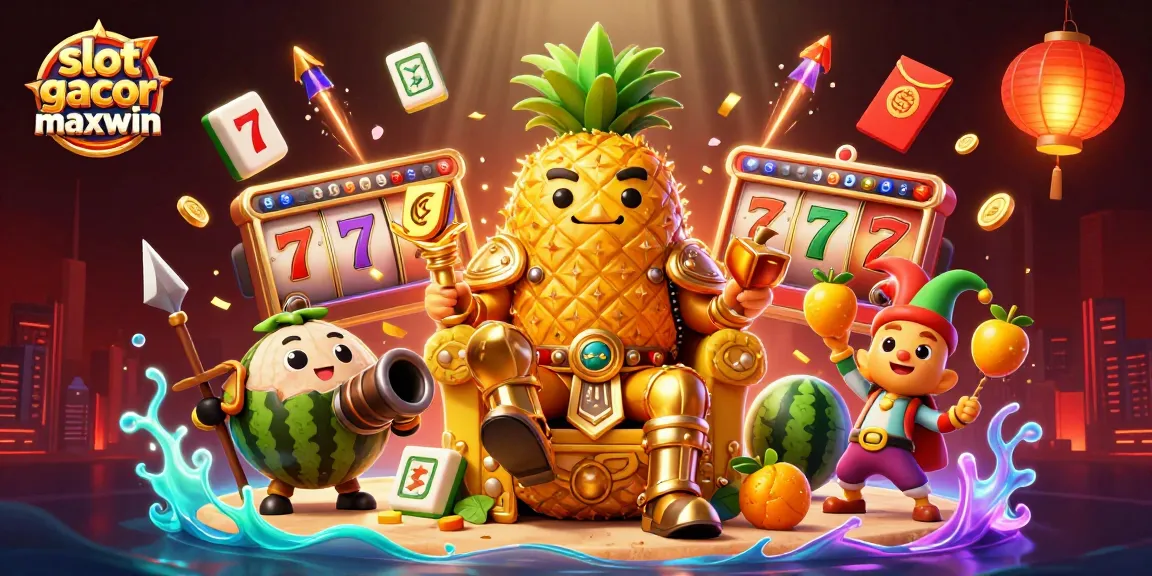 Slot gacor maxwin menampilkan raja nanas emas kartun di kasino, dikelilingi elemen permainan yang menggoda.
