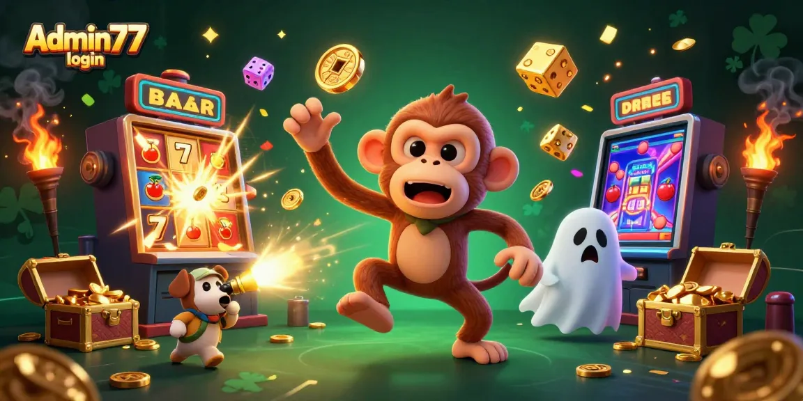 Experience fun with Admin77 login in a vibrant casino scene featuring golden prizes and engaging game elements.