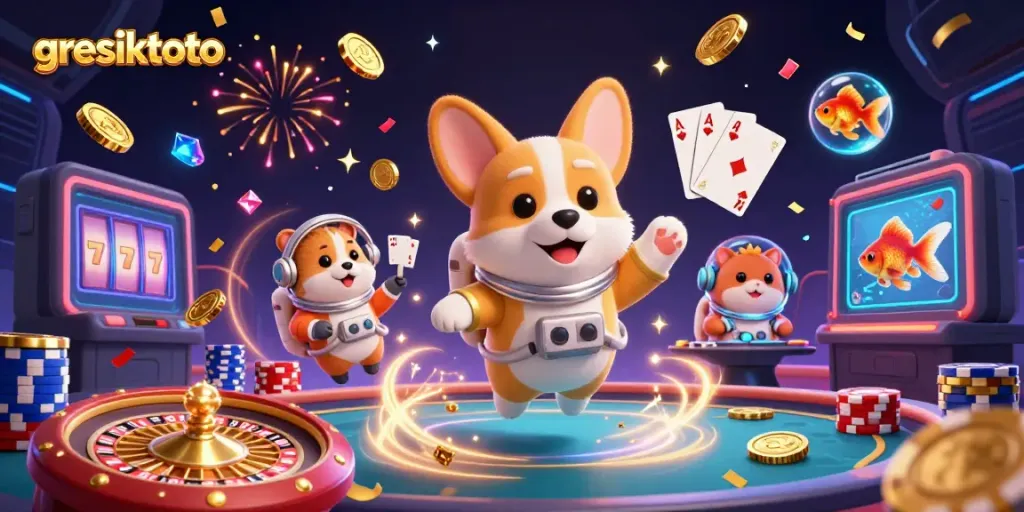 Experience thrilling gaming at gresiktoto with floating poker elements and a vibrant space casino scene.