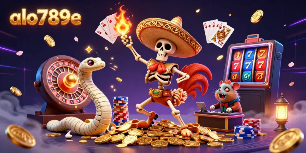 Engage with the vibrant world of gambling at alo789e, showcasing festive characters celebrating over a pile of coins.