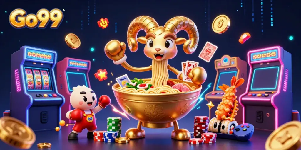 Experience Go99 with a vibrant 3D illustration showcasing a golden ramen bowl dealer mixing casino excitement with game elements.