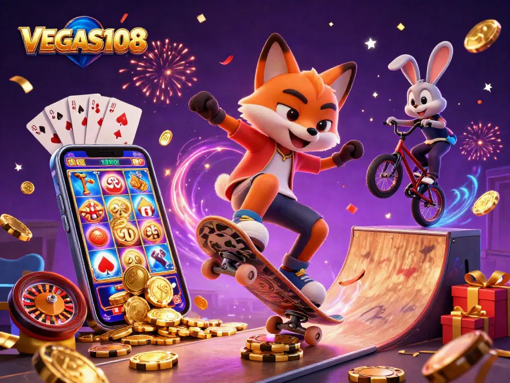 Gambarkan permainan kasino VEGAS108 yang seru dengan karakter kartun dan simbol di sekitar.