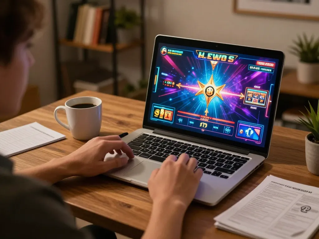 UGDEWA player engaged in thrilling online slots gameplay from a cozy home setup