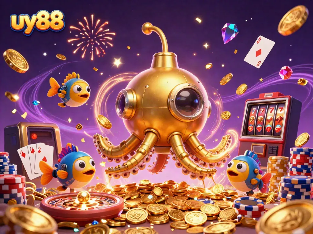 Join the fun at uy88 with a kraken submarine and celebrating players in a golden casino adventure!