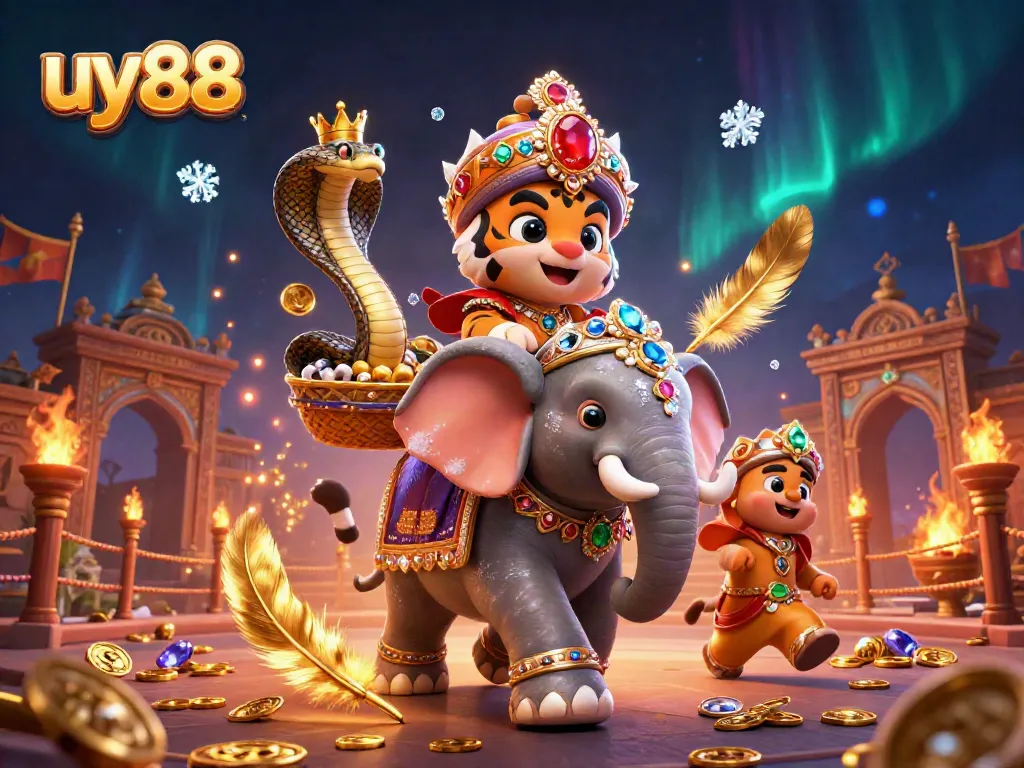Experience the thrill of uy88's luxurious casino with a detailed 3D tiger, elephant, and cobra illustration.