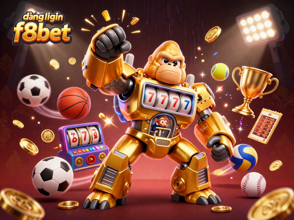 Experience the excitement of đăng nhập f8bet with a vibrant gaming atmosphere featuring a golden gorilla mech and dynamic elements.