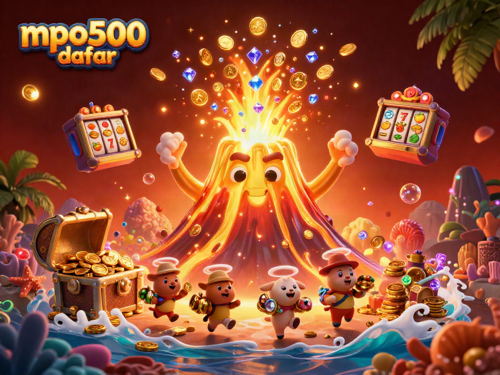 Melihat mpo500 daftar dengan berbagai simbol slot dan harta karun menyenangkan dalam ilustrasi 3D