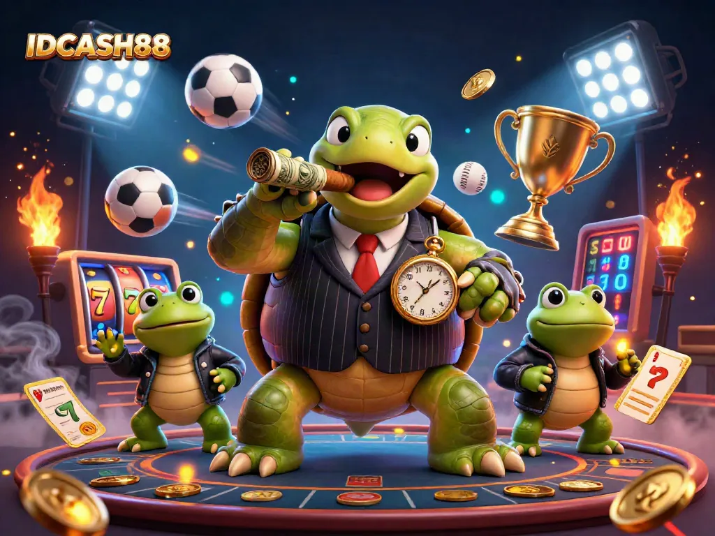 Experience winning strategies with IDCASH88's vibrant casino scene featuring playful characters.