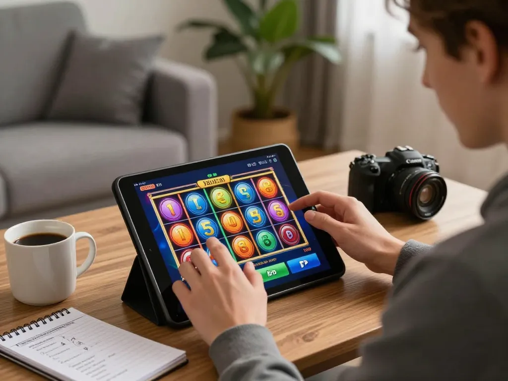 Experience engaging online gaming with a slot deposit 5000 on a cozy setup featuring tablet gameplay.