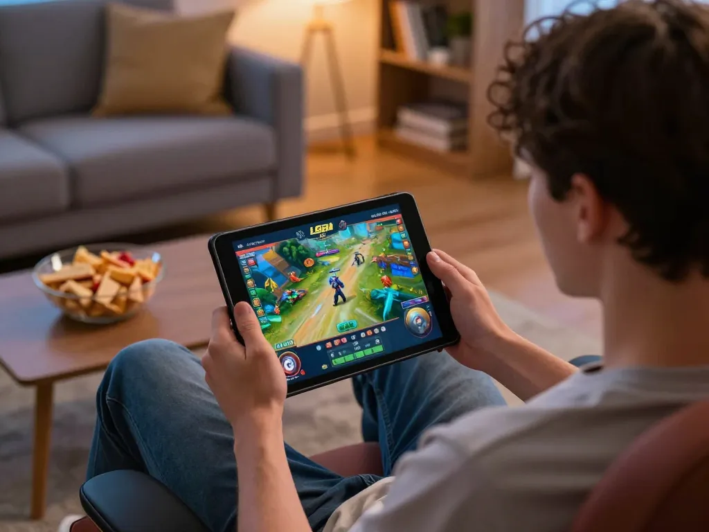 Engage with LGO SUPER in a cozy home gaming setup featuring intuitive tablet interface and inviting atmosphere.