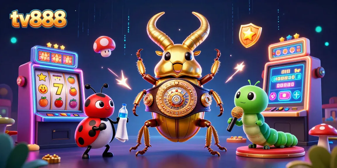 Engage with tv888 online slots featuring a competitive golden beetle and friends in a vibrant casino setting.