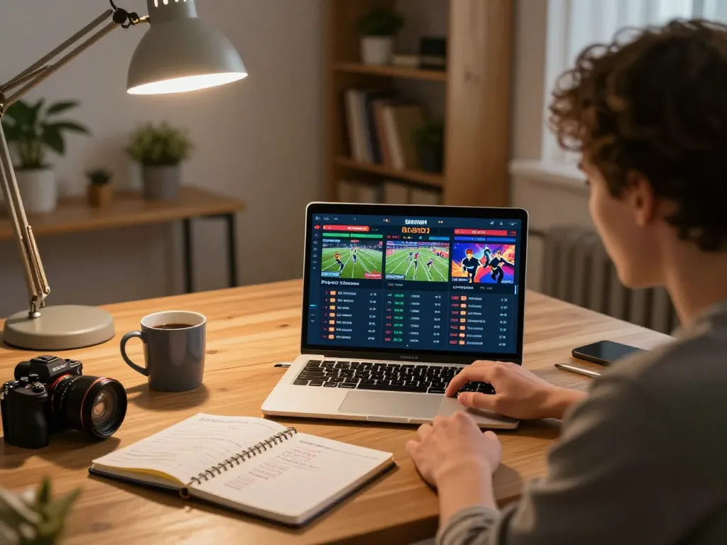 Engaging in sports betting on net88, a person checks live odds from a laptop in a cozy home office.