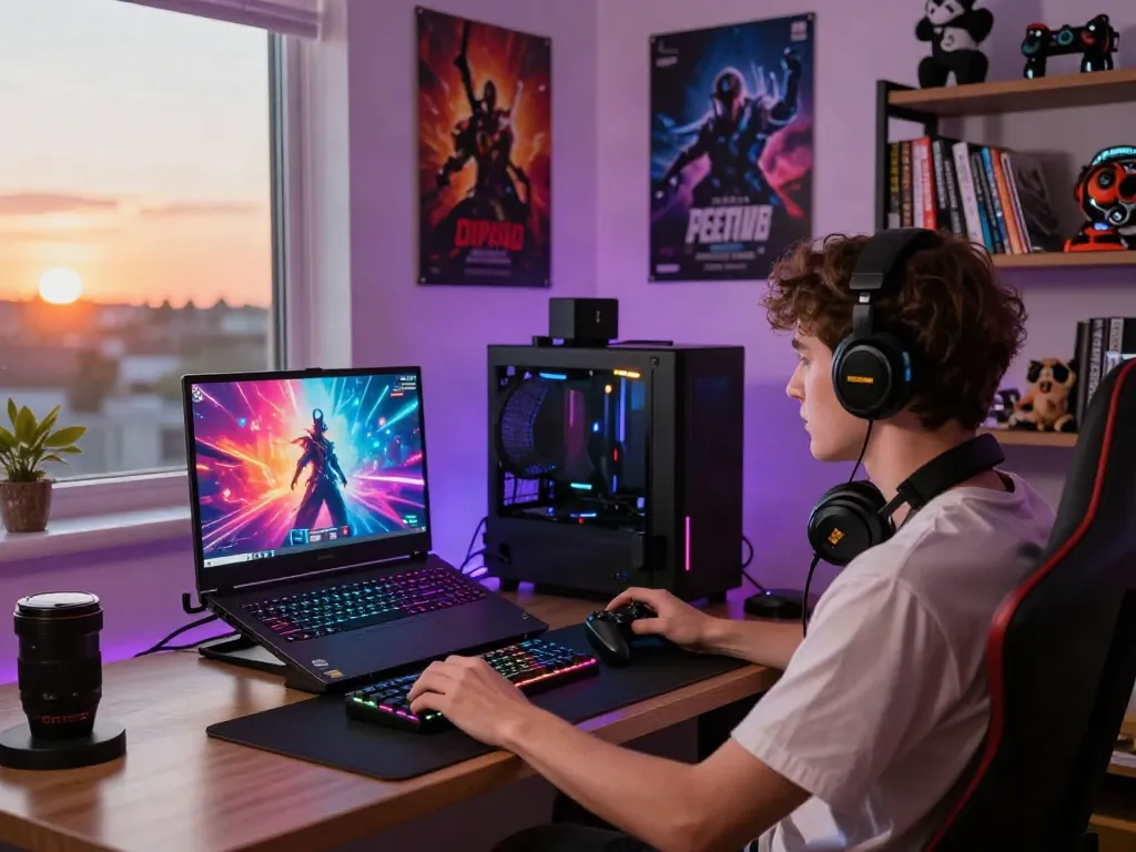 Penggemar diana4d sedang bermain di ruang kerja modern dengan lampu RGB dan laptop gaming