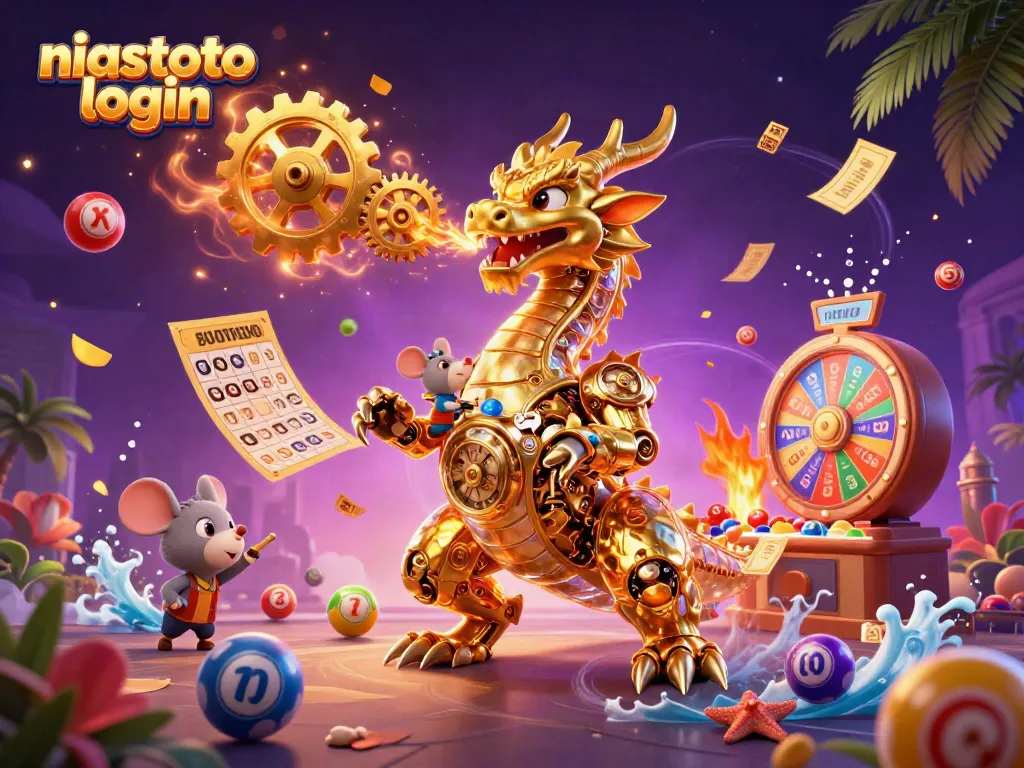 Gambarkan niastoto login dengan ilustrasi 3D yang menampilkan naga emas dan elemen perjudian.