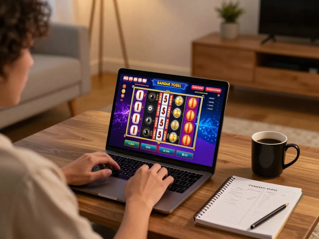 Pengaturan permainan online yang menarik menampilkan Bandar Togel Slot di layar laptop, menekankan permainan strategis di rumah.