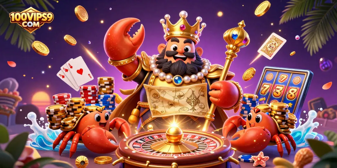 Engage with the vivid excitement of 100VIPS9 COM as a golden crab emperor rules the casino realm.